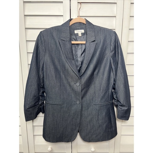 Calvin Klein 3/4 Ruched Sleeve Two Button Stretch Denim Blazer Size 10 Dark Wash - Picture 1 of 10